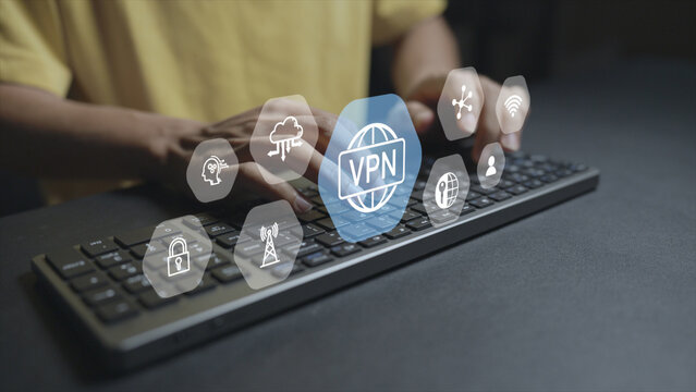 VPN virtual private network concept. Person typing keyboard with VPN and cybersecurity icons, encrypted connection, secure remote access, online privacy and network protection.