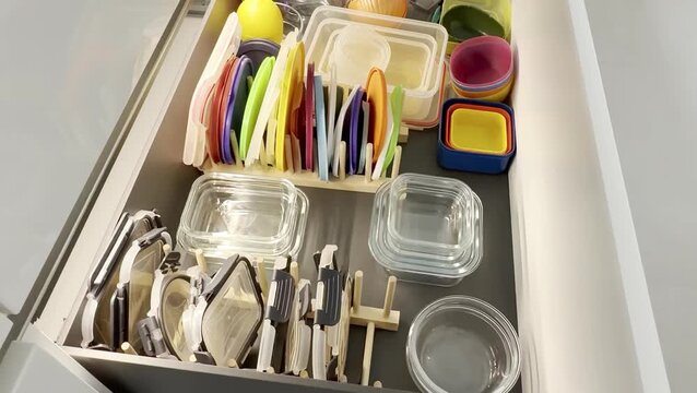 Colorful kitchen drawer filled with various food storage containers, including glass and plastic, organized neatly with lids and utensils visible in a modern kitchen setting