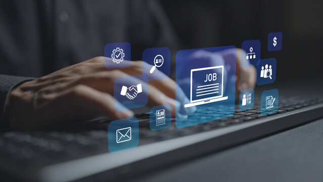 Job search, recruitment and HR management concept. Person typing keyboard with hiring and human resources icons, talent acquisition, candidate screening and workforce management.