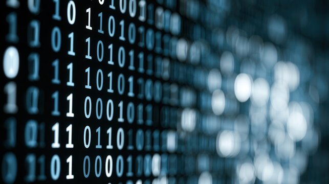 Binary code pattern shown in close up on a digital screen at night