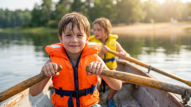 Two young children rowing a small wooden boat on a calm lake during summer.