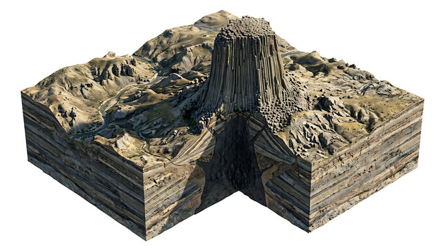 Detailed geological cross section of an isolated volcanic mountain formation