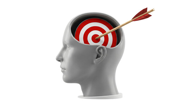 Human head with target and arrow. Concept of focus and mental clarity on white background.