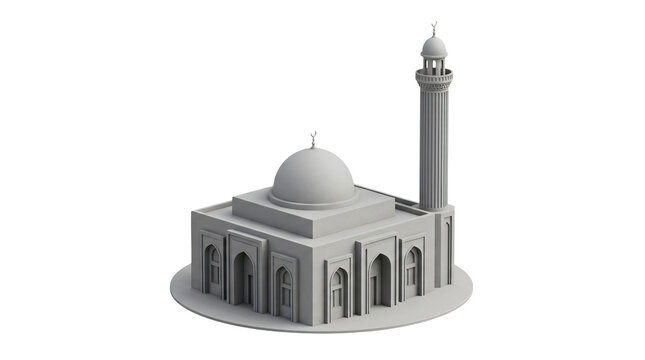 3D model of an Islamic mosque. Isolated architectural building with a dome and minaret.