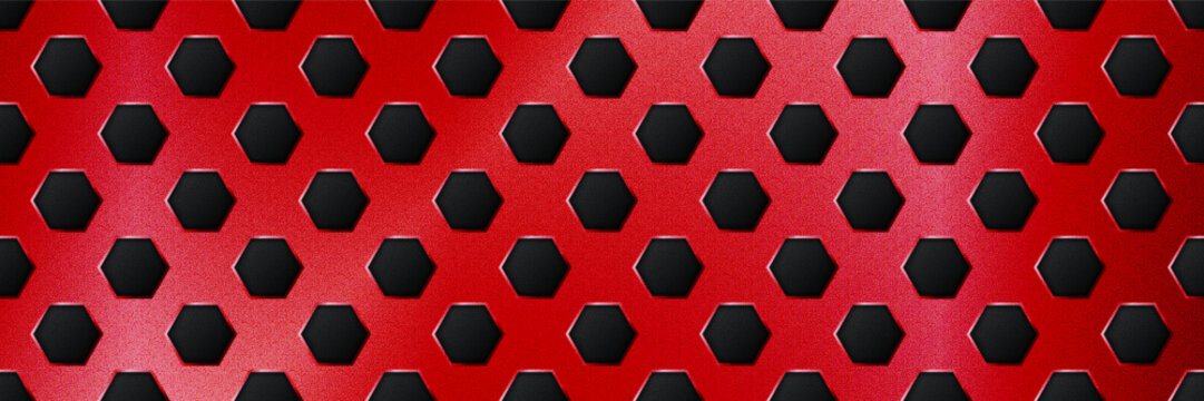 Red seamless perforated metal sheet realistic texture. Metal chrome grill plate with hexagon holes. Modern design carbon radiator bg. Macro speaker radiator. Vector illustration
