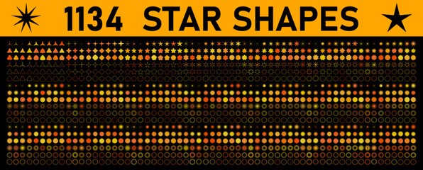 Fototapeta premium Mega pack of gold stars icons. Star shapes collection. Minimalist simple stars pack. Christmas star objects isolated on black bg. Vector illustration