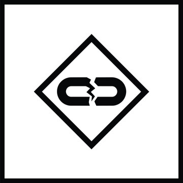 Broken chain link icon inside a black diamond frame, minimalist square border graphic sign representing disconnect and unlinking and web button