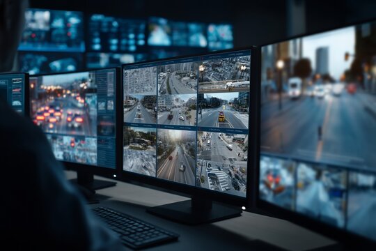 Modern Security Control Room with Multiple Surveillance Monitors.