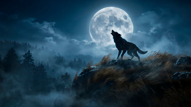 A majestic lone wolf howling at the full moon in a misty dark forest landscape.