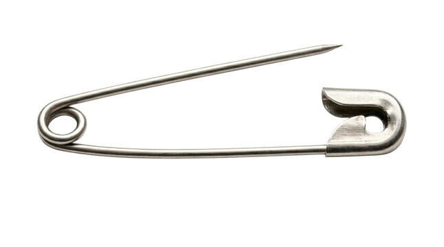 Metal safety pin isolated on white. Silver sewing fastener for clothing and fabric repair.