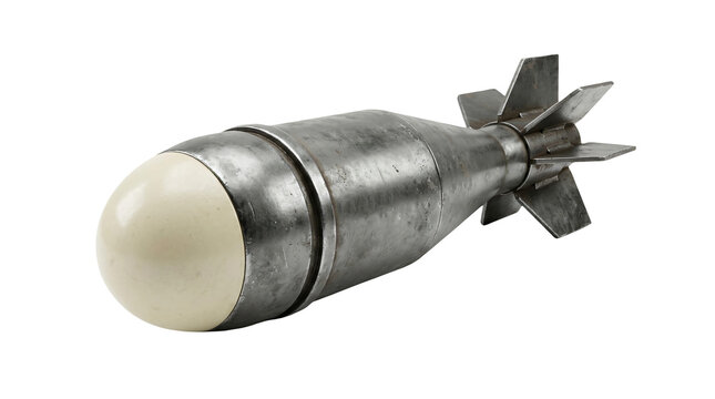 Military mortar bomb isolated on white. Metal explosive projectile for defense concepts.