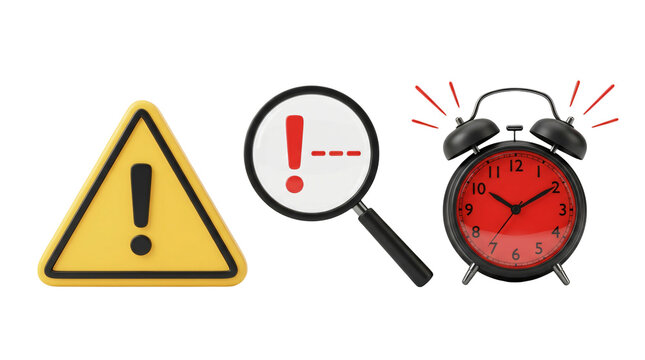 Warning sign, magnifying glass and alarm clock. Urgent deadline alert and safety icons.
