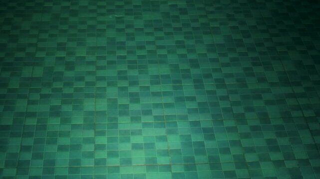 A mosaic-tiled floor submerged beneath the clear water of a swimming pool, featuring colorful night lighting.