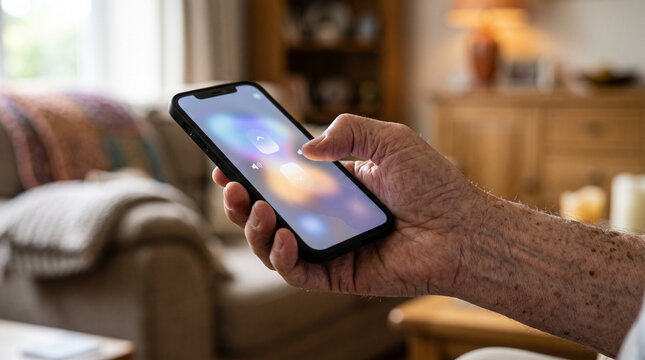 Elderly hand holding a smartphone during a video call with family &mdash; senior technology adoption and digital connection concept.