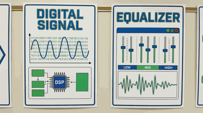 Digital signal processing posters with audio equalizer interface, technical DSP circuit diagram, sound frequency wave vector set