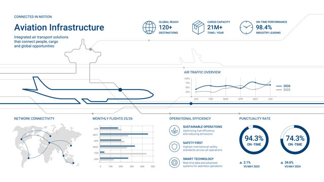 Modern aviation infrastructure infographic with minimalist airplane line art, business charts, KPI elements and global network concept. Clean corporate vector template for air transport and logistics.