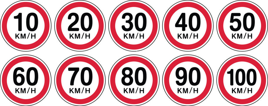Speed limit road sign icon set, maximum speed regulation symbols from 10 kmh to 100 kmh for traffic control, road safety and transportation design.