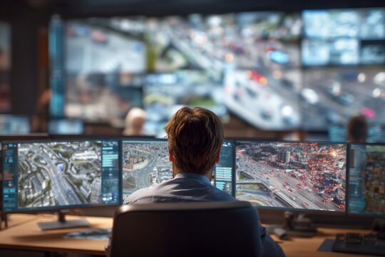 Security operator monitoring surveillance screens in control room.