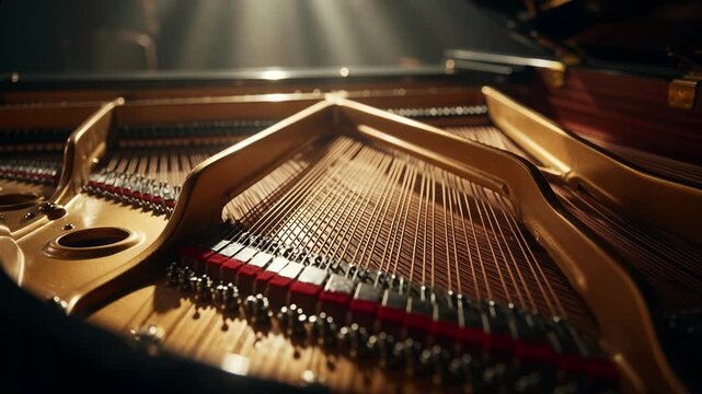 Macro video moves along grand piano dampers and copper strings, revealing precision acoustic engineering, gold metal frame and detailed instrument craftsmanship under warm cinematic golden light