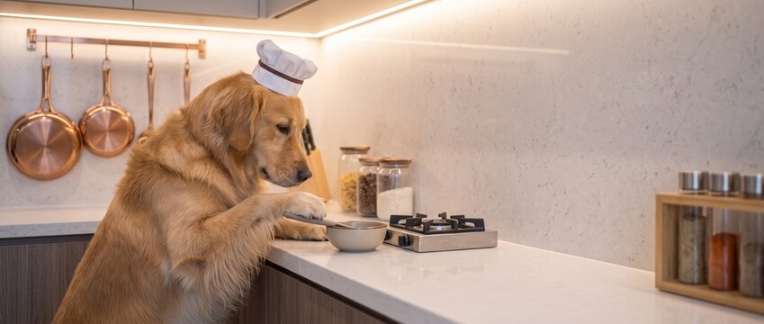 Funny Golden Retriever Dog Wearing White Chef Hat Standing On Hind Legs Cooking On Stove With Paws In Modern Bright Kitchen Interior
