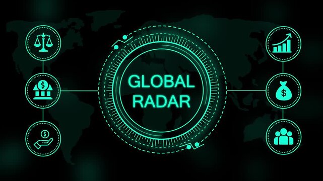 Digital interface displaying global radar with glowing cyan of scales bank money bag growth chart and people on a dark background map