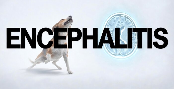 A distressed dog shakes violently, head thrown back in agony, with the word ENCEPHALITIS, next to a glowing graphic of a brain.