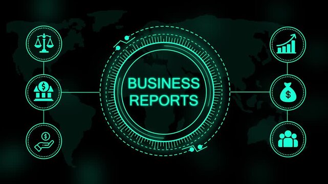 Digital interface displaying business reports with glowing cyan of scales bank money bag growth chart and people on a dark background map