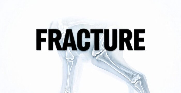 X-ray of a fractured leg bone with the word FRACTURE displayed prominently.