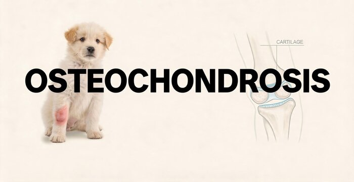 A puppy with a visible leg injury sits next to the word OSTEOCHONDROSIS and an illustration of a knee joint, indicating a medical condition affecting young animals.