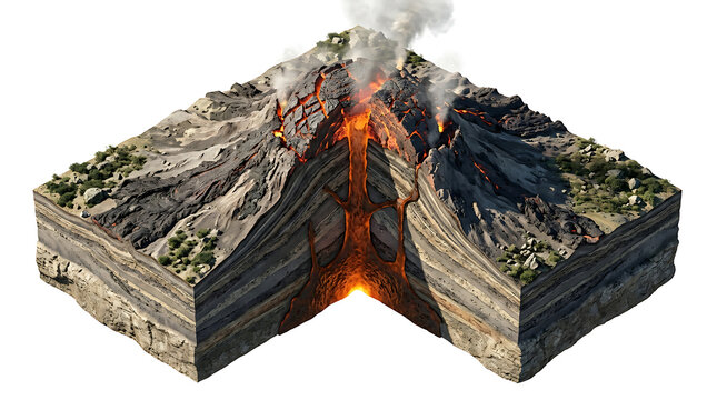 Cross section of an erupting volcano with glowing magma isolated on white
