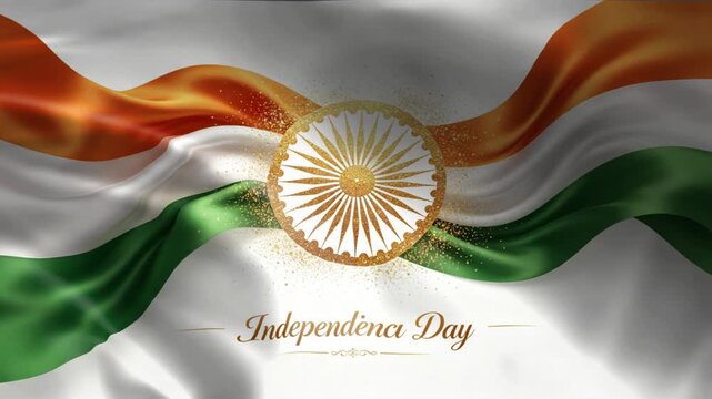 Waving Indian flag with Ashoka Chakra and Independence Day text symbolizing national pride and celebration perfect for patriotic events and commercial uses