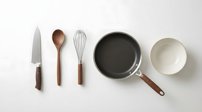 Essential kitchen tools arranged neatly on a clean white surface, ready for cooking.