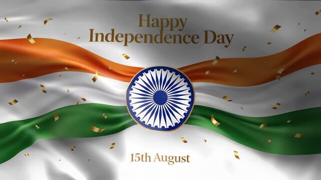 Happy Independence Day India featuring the national flag with Ashoka Chakra and confetti celebrating 15th August with patriotic spirit for commercial use
