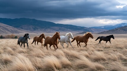 Fototapeta premium Horses run across a field under cloudy skies in a valley surrounded by mountains