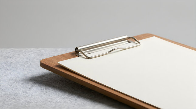 Wooden clipboard with blank paper mockup on light grey surface clipboard stationery business