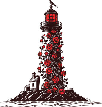 Lighthouse Rose Vine Coastal Illustration