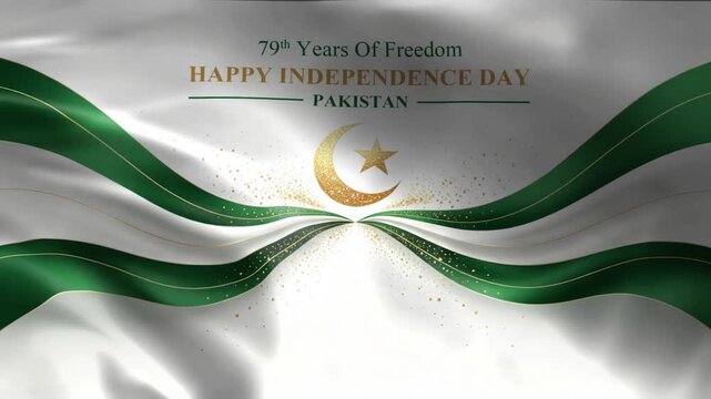 Pakistan Independence Day celebration 79 years of freedom happy holiday with crescent moon and star emblem on waving flag festive background and commercial use