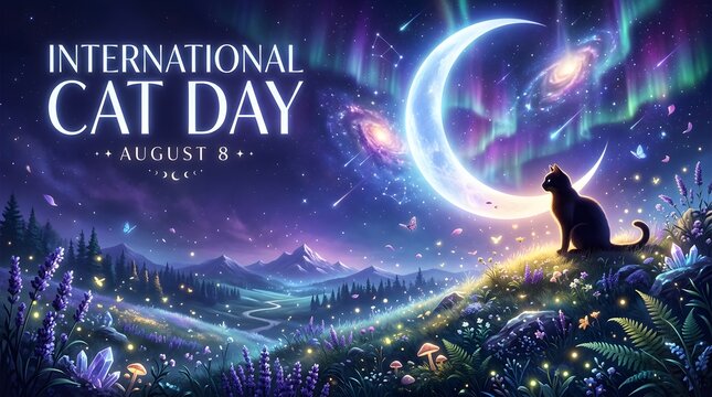 Cat gazing at crescent moon in a colorful dreamscape illustration