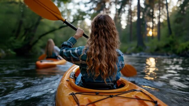 Group of friends paddling kayaks on calm lake at sunset in spring forest