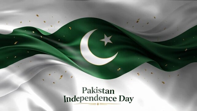 Waving Pakistan flag with crescent moon and star celebrating Independence Day with confetti a patriotic symbol for national holidays and commercial use