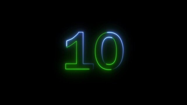 Double digit 15 to 0 number twelve glowing with neon light effect in green and blue colors centered on a solid black background for digital display
