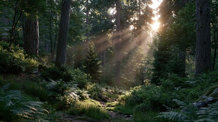 Fototapeta premium Sunlight shines through trees in a forest during the morning