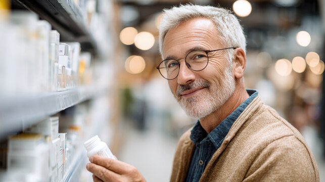 Customer man checking health products list in pharmacy aisle, carefully evaluating items and comparing information for personal wellness decisions