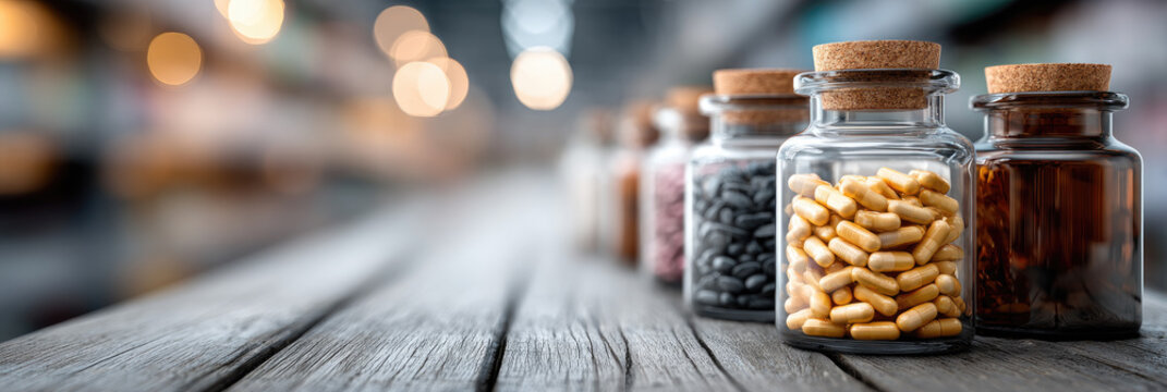 Various glass bottles filled with colorful capsules and pills line up on a textured wooden table, symbolizing medicine, health, and a diverse range of treatments