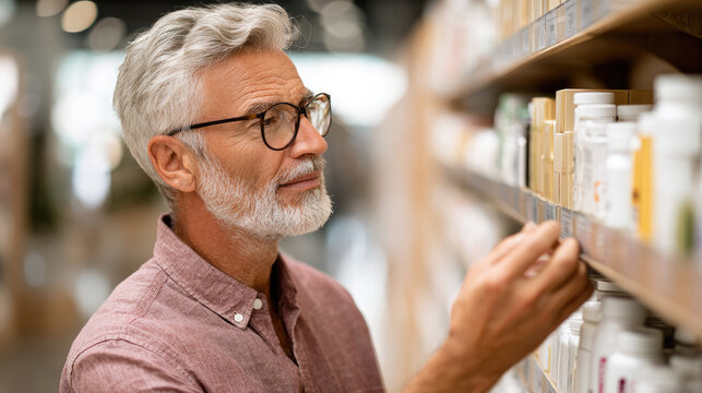 Customer man checking health products list in pharmacy aisle, carefully evaluating items and comparing information for personal wellness decisions