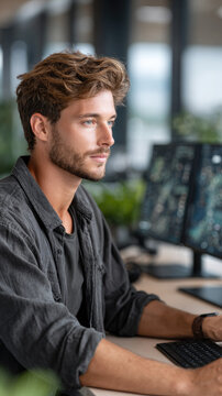 Young system administrator wearing glasses, working in data center, managing information technology infrastructure, ensuring network security and digital integrity