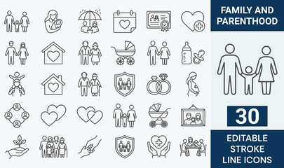 Fototapeta premium Family and Parenthood Line Icon Set. 30 Editable Stroke Icons of Parenting, Childcare, Pregnancy, Baby Care, Marriage, Relations, and Protection Symbols. Vector Graphic.
