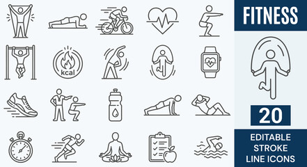 Fototapeta premium Fitness Line Icon Set. 20 Editable Stroke Icons of Workout, Gym Training, Healthy Lifestyle, Running, Cycling, Swimming, Yoga, and Exercise Symbols. Vector Graphic.