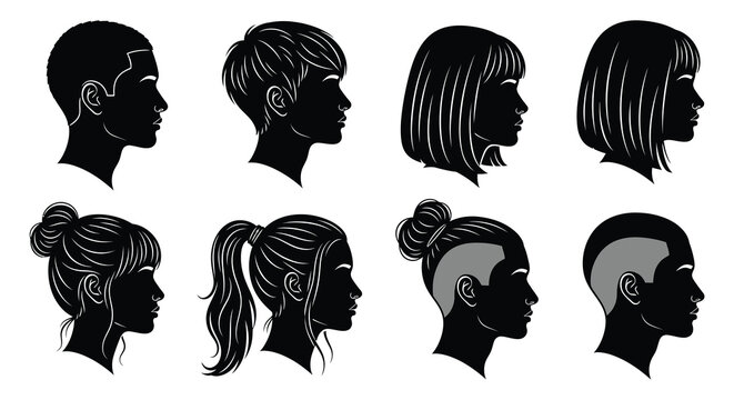 A collection of diverse human head silhouettes showing various modern hairstyles and haircuts in a simple black and white style