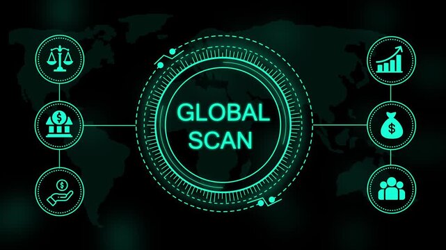 Global scan text displayed in a glowing teal circular digital interface with of scales bank building money bag and growth chart on black